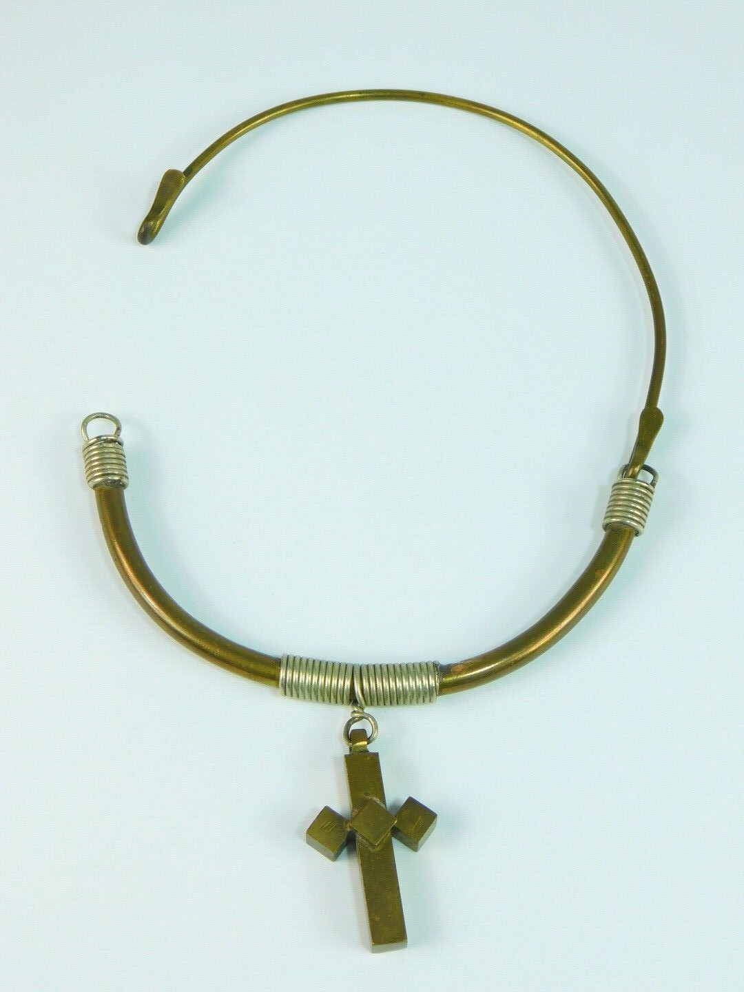 Brutalist Brass & Silver Wire Wrapped Cross Collar Choker Necklace 16″