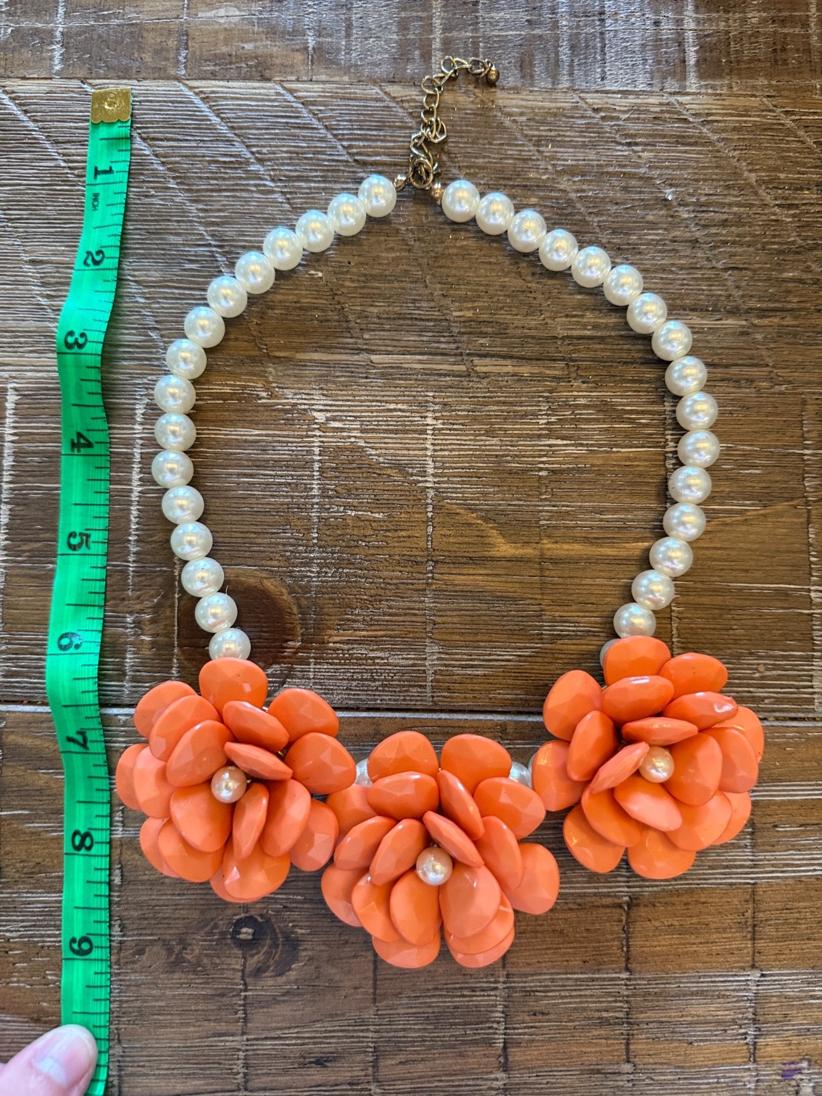 Bold Orange Bakelite Floral Statement Necklace with Pearl Accents Vintage