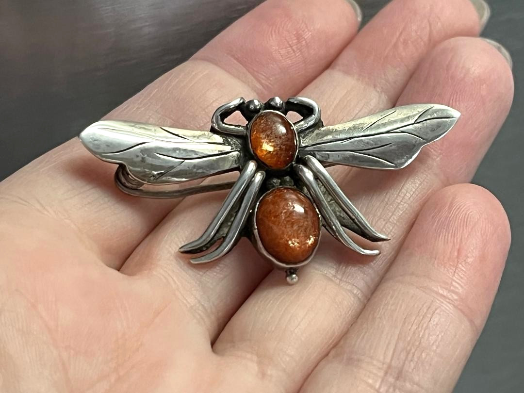 Vintage 925 Sterling Silver Orange Sunstone Fly Bug Insect Brooch Pin Figural 3D
