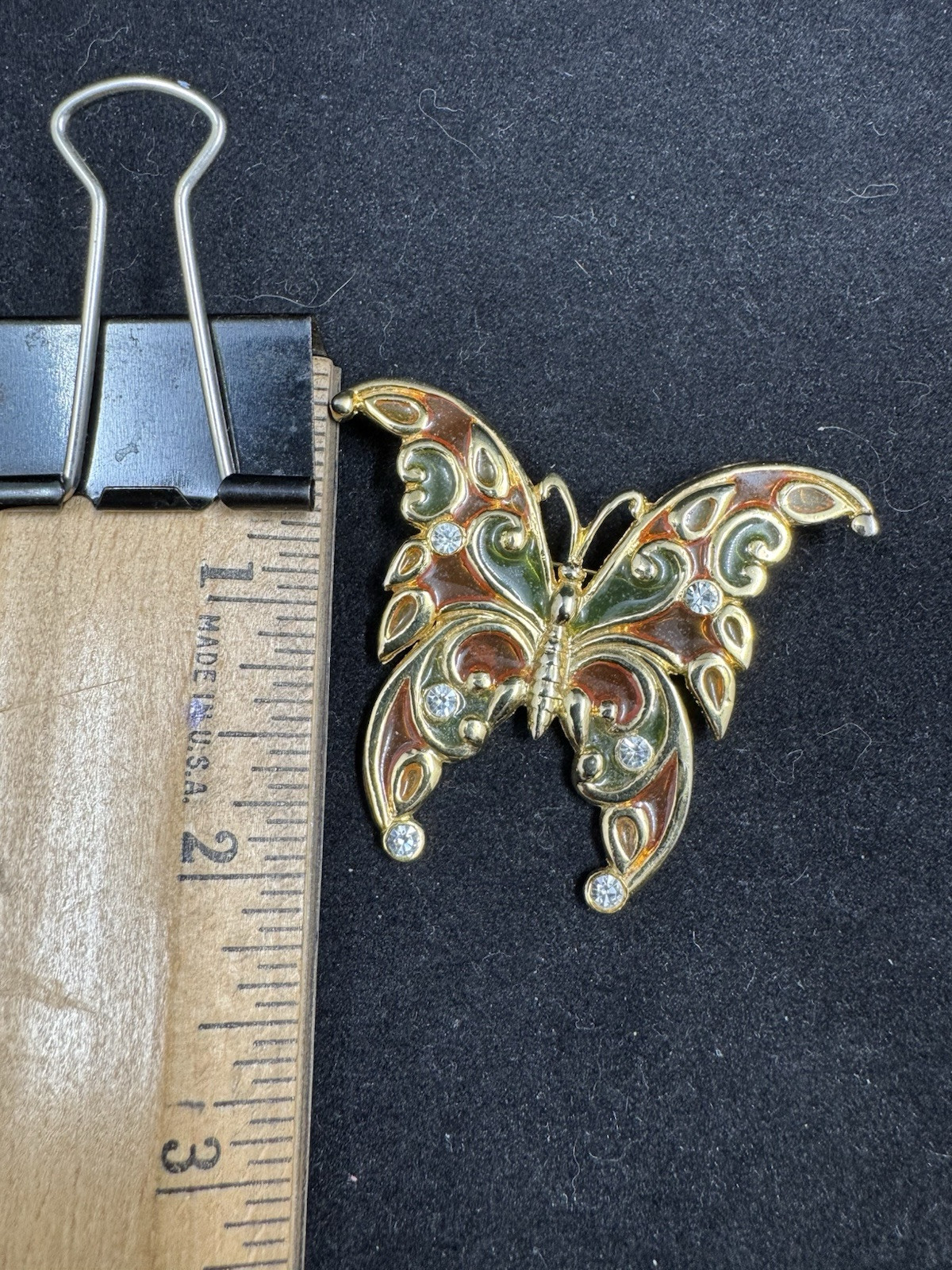 R. Steinmertz SFJ Butterfly Brooch Lapel Pin Goldtone Stained Glass 1970’s