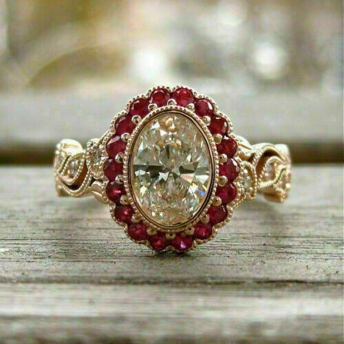 3.5Ct Art Deco Style Lab Created Diamond & Ruby Engagement 14K Rose Gold FN Ring