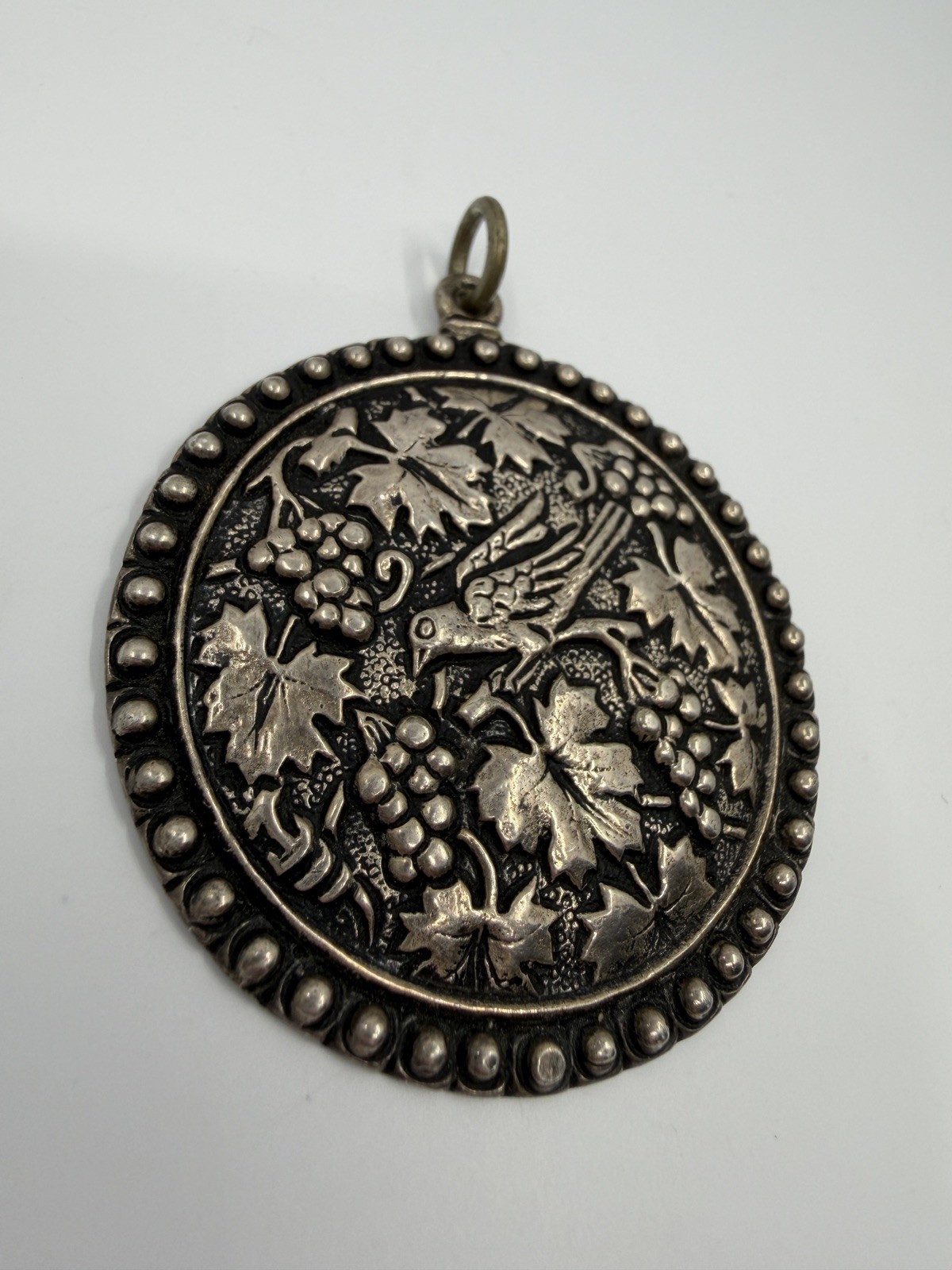 .800Silver Vtg Scandonavian Pendant Intricate Large Bird GrapeCluster Leaf Motif