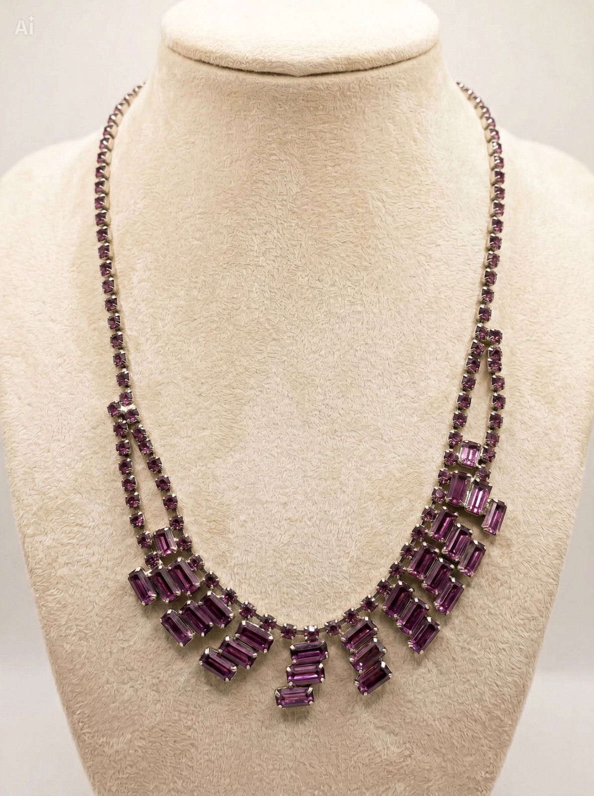 Vintage 1950s Amethyst Purple Rhinestone Fringe Choker Necklace Baguette Drop