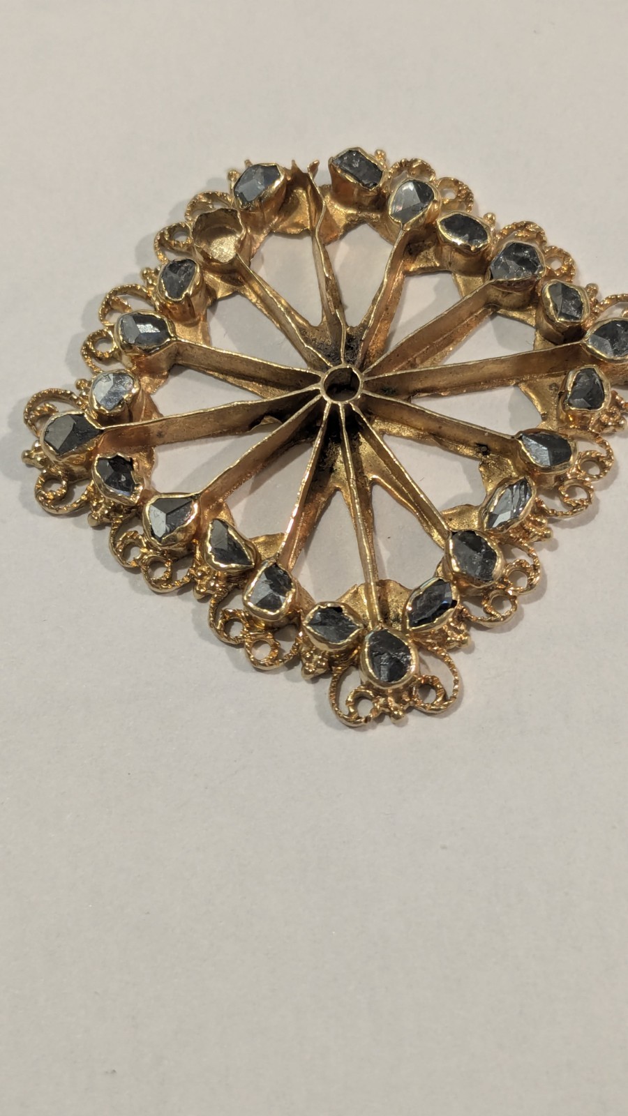 Antique 16K Gold Filigree Raw Black Diamond Piece Pendant or Brooch 10.9 grams