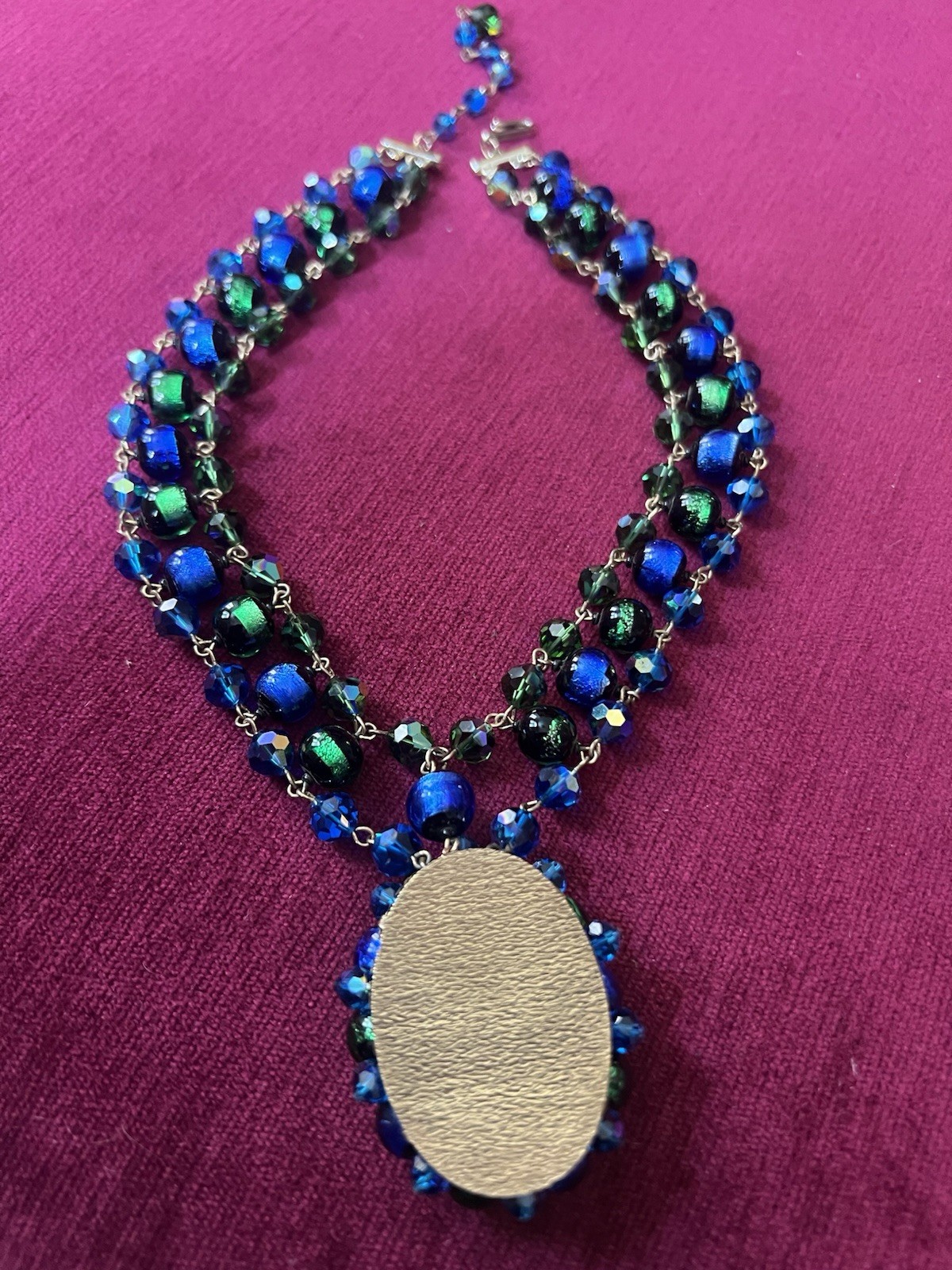 GORGEOUS VTG STATEMENT DESIGNER NECKLACE VENETIAN FOILED BLUE/GREEN GLASS BEADS