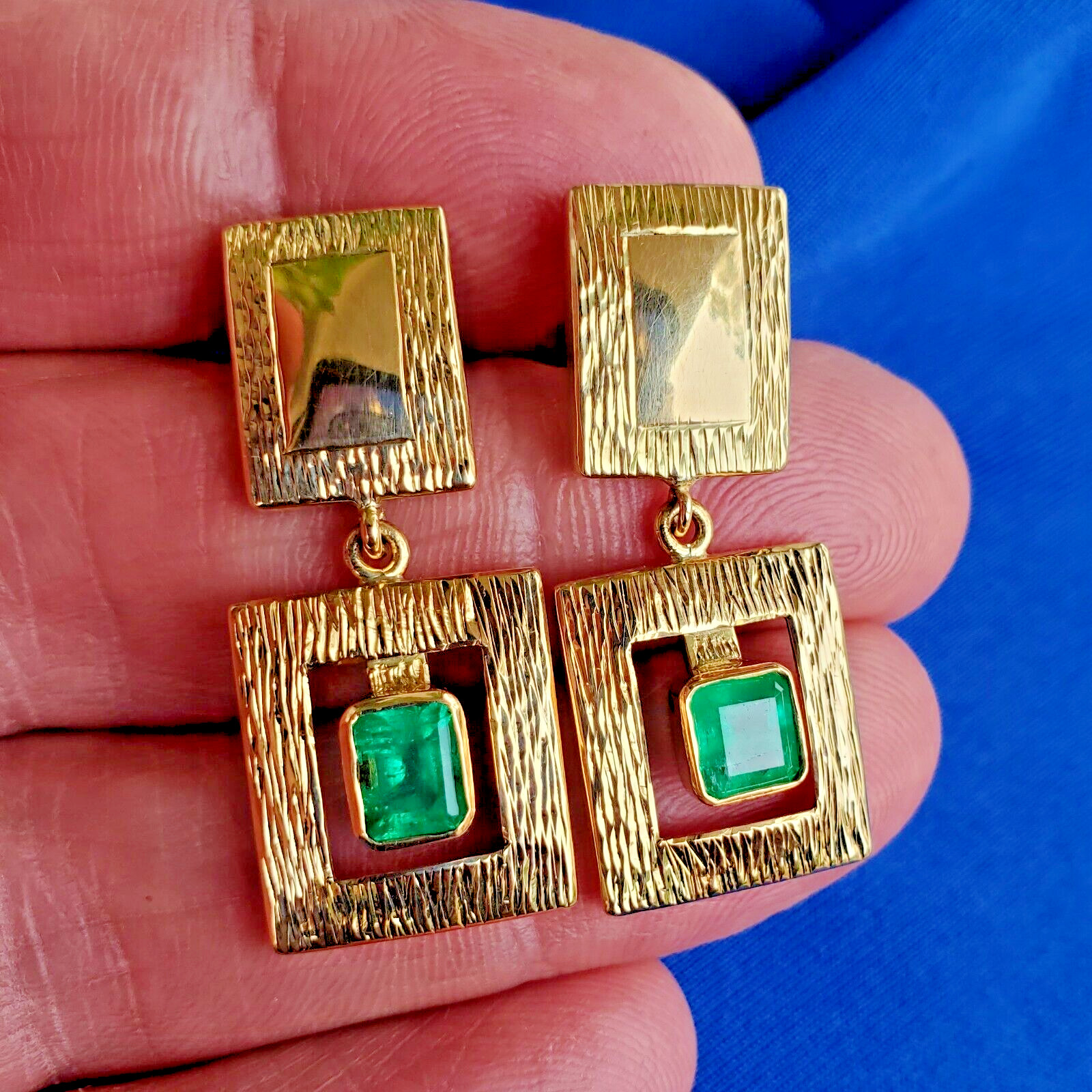 Original EARTH MINED EMERALD Deco Design Earrings Vintage Style Dangles 14K GOLD