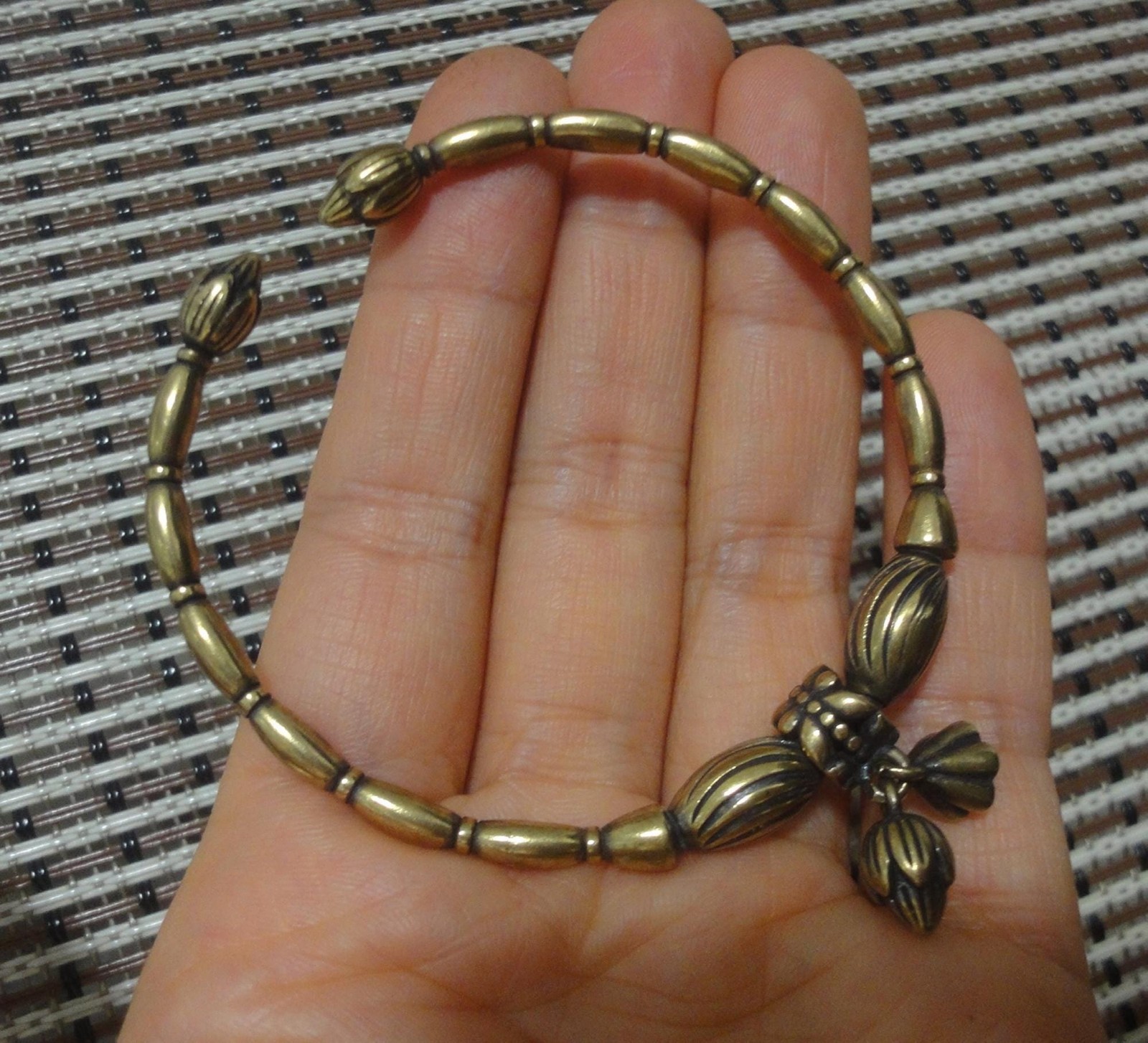 Vintage Knick Knacks Solid Brass Lotus Flower and Seed Dangle Bracelet Bangle