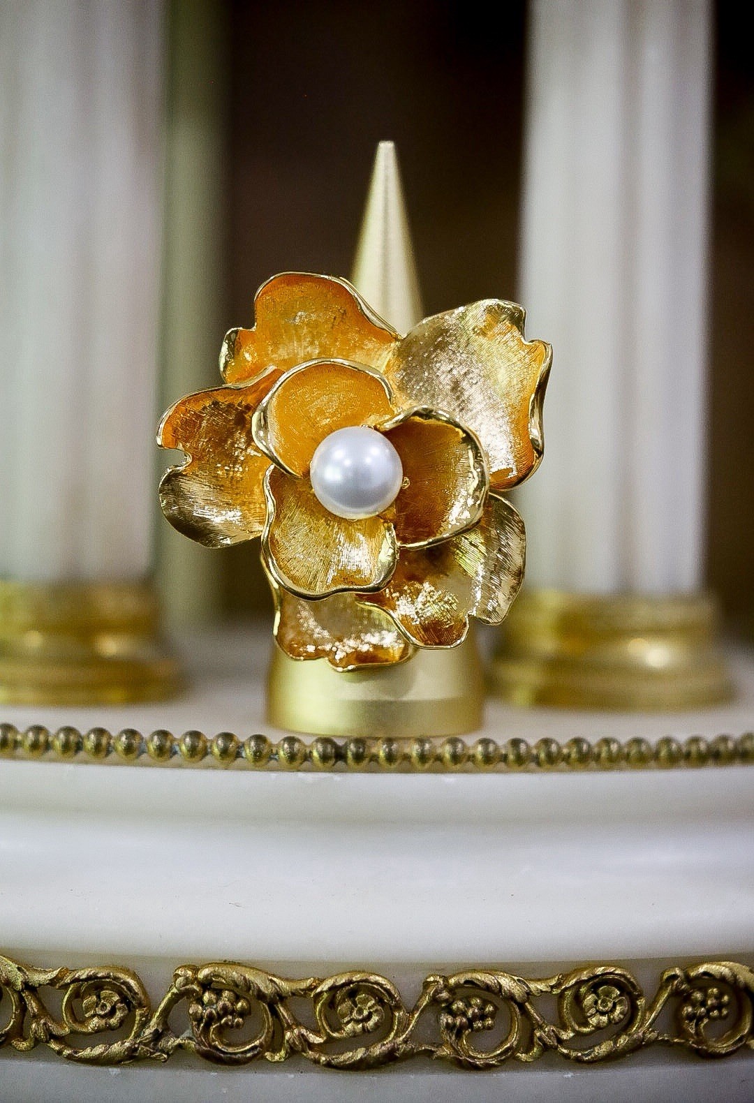 Kenneth Jay Lane 18K Gold Plated Flower Pearl Statement Ring