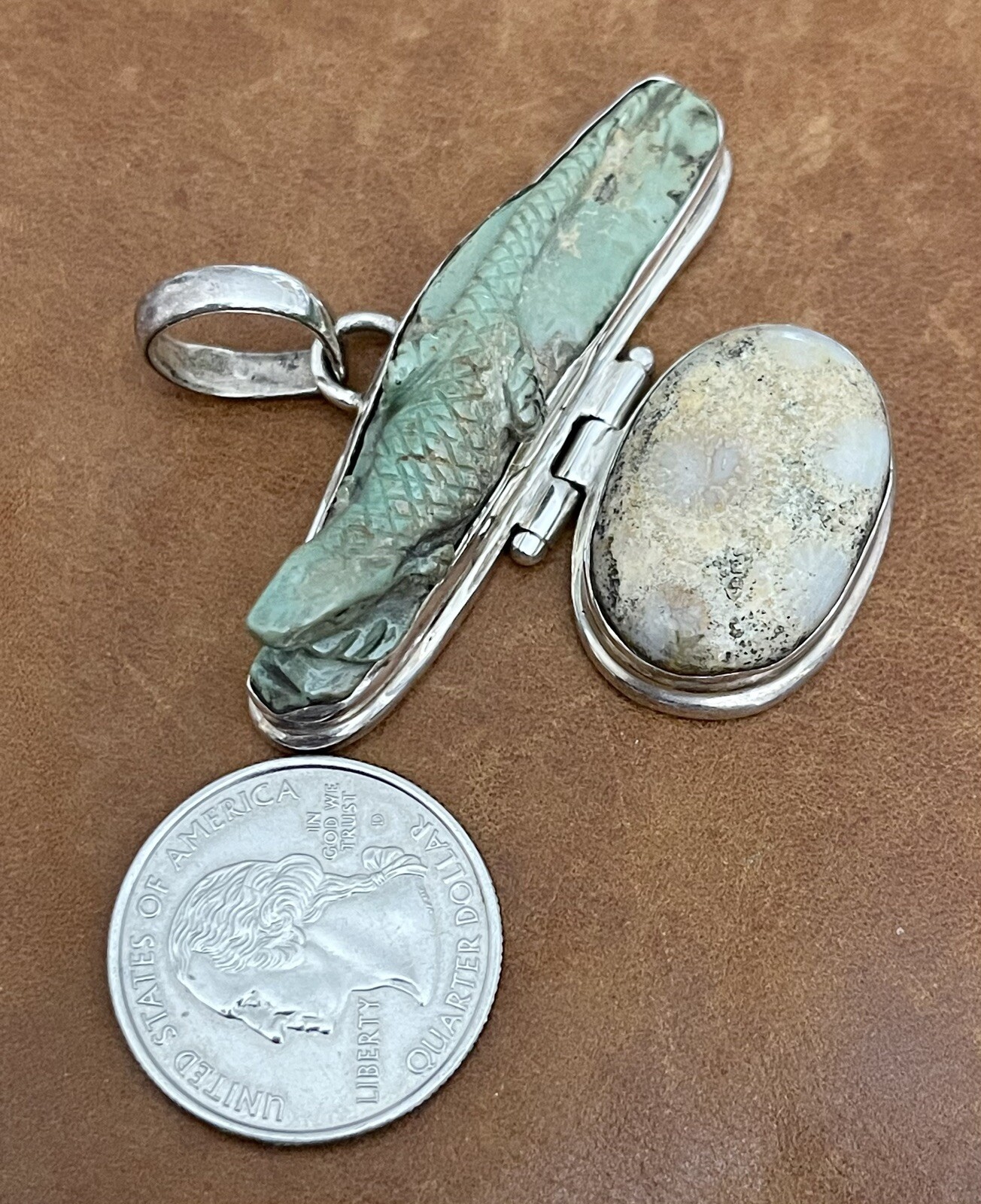 Vintage 925 Green Turquoise, Jasper Artist Created Lizard Motif Large Pendant