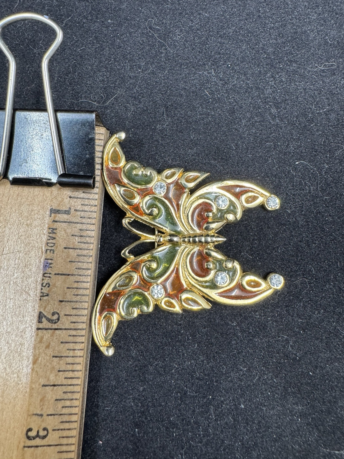 R. Steinmertz SFJ Butterfly Brooch Lapel Pin Goldtone Stained Glass 1970’s