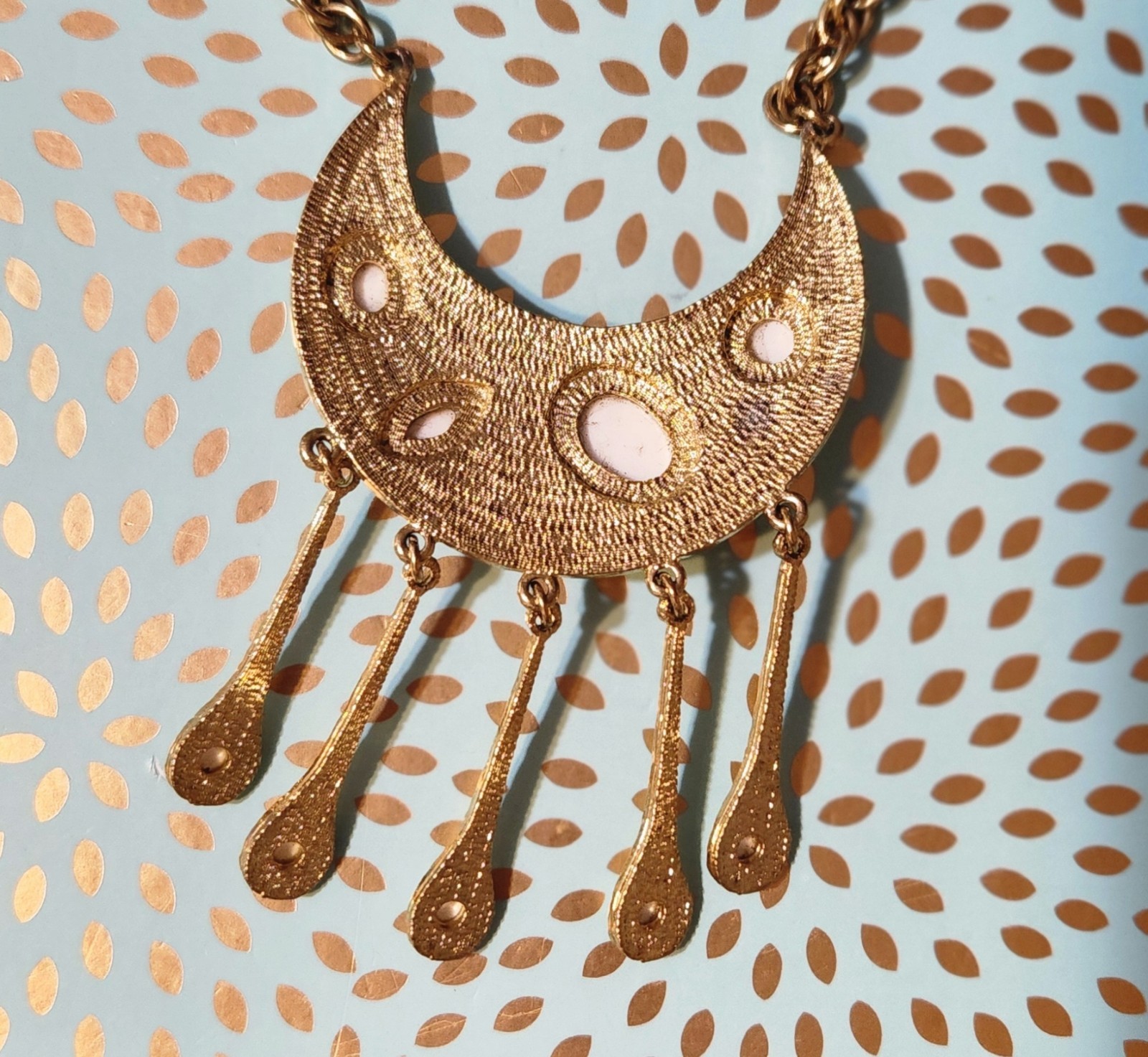 Vintage gold-toned necklace Crescent moon pendant with a hammered finish.