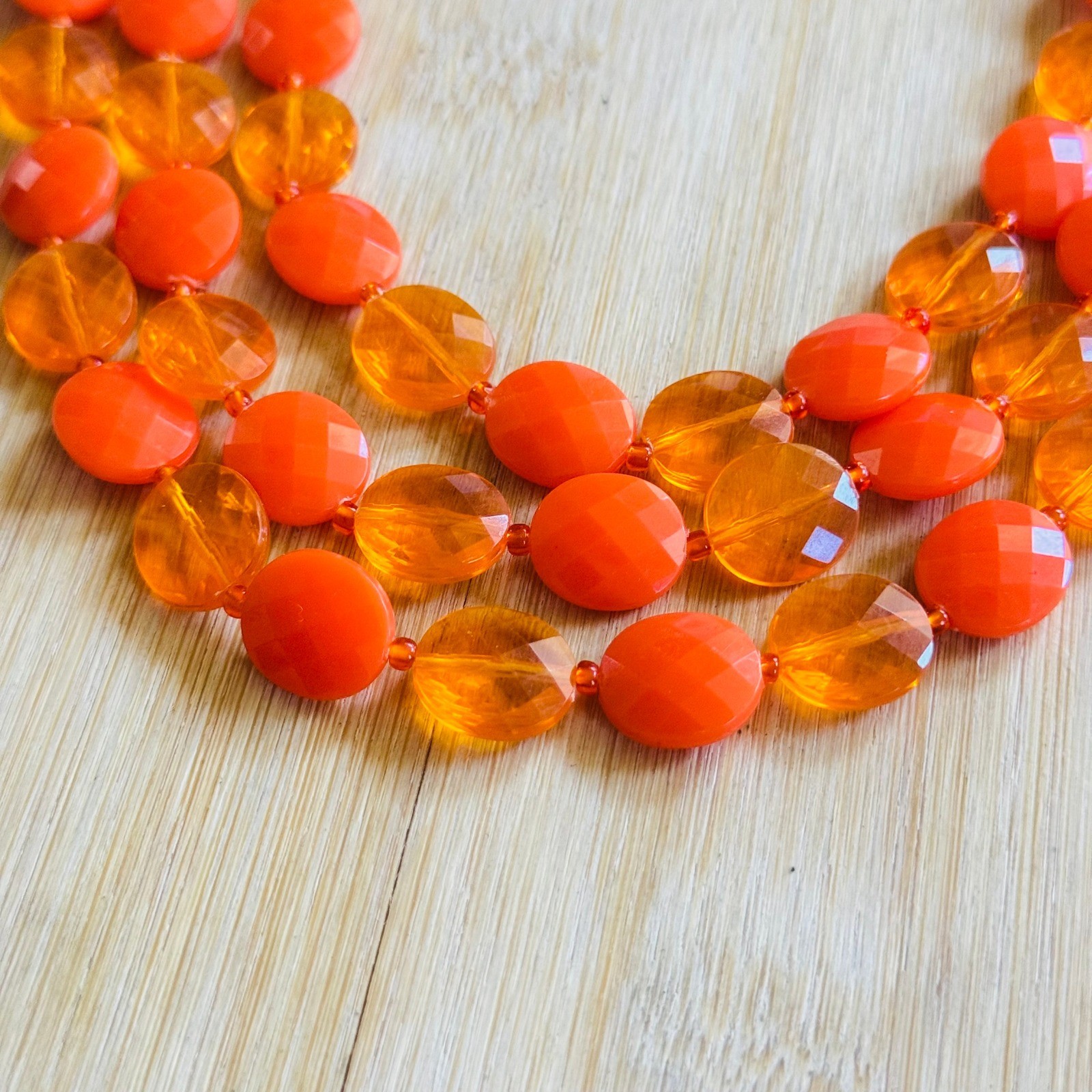 VTG Orange Lucite Beads Multi BIb Necklace Hong Kong Triple Strand Statement 50s