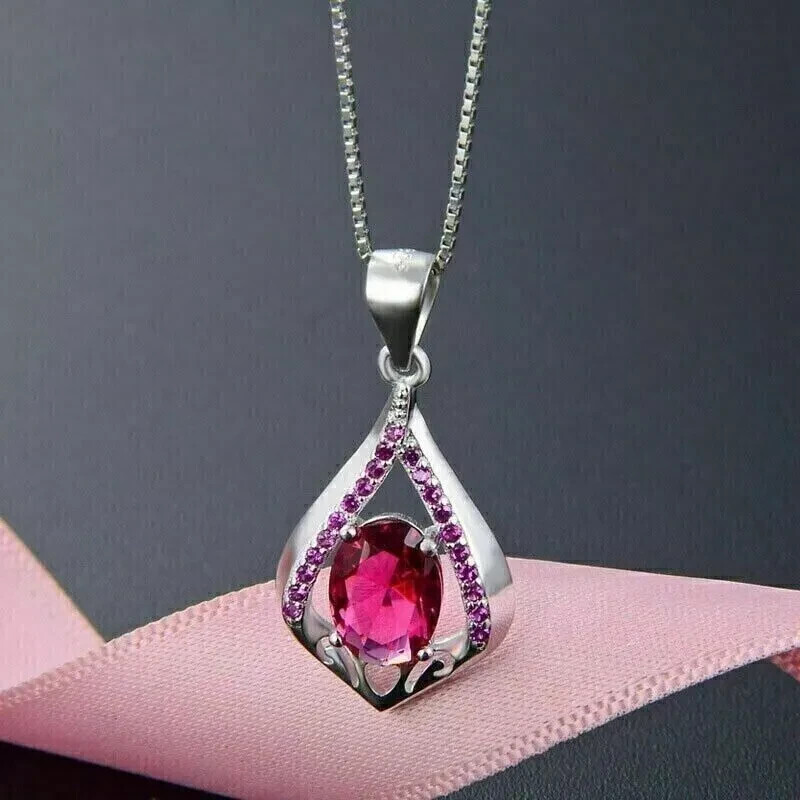 Art Deco Style Lab Created Diamond Ruby Any Occasion Pendant 14K White Gold FN