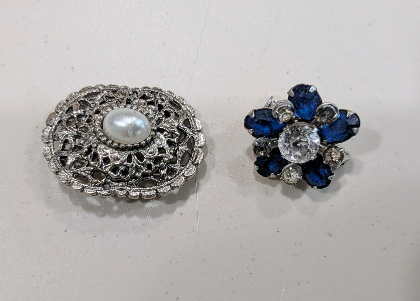 Vintage Brooches |Faux Pearl Filigree Pin & Blue Rhinestone Flower Pin