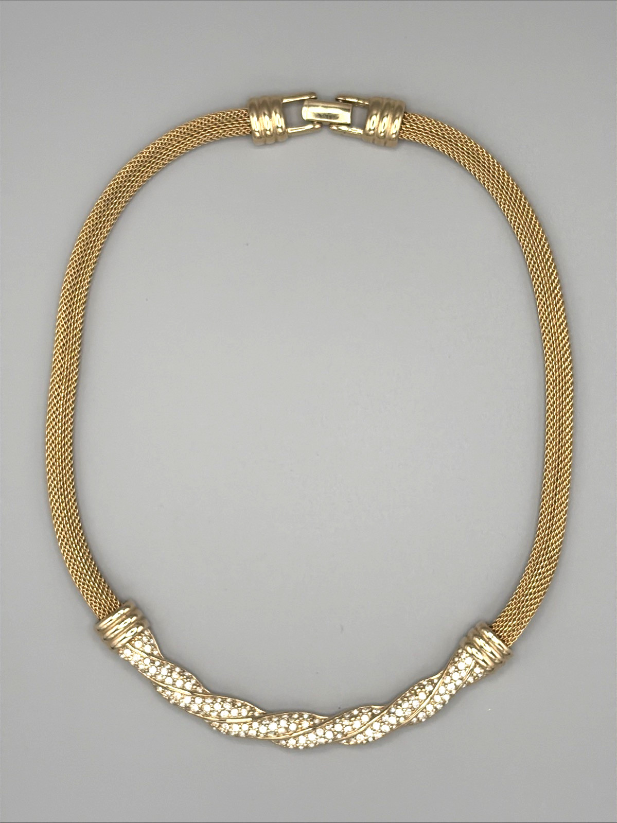 Vintage Swarovski Gold Tone Pavé Crystal Twist Mesh Necklace 18″ Signed