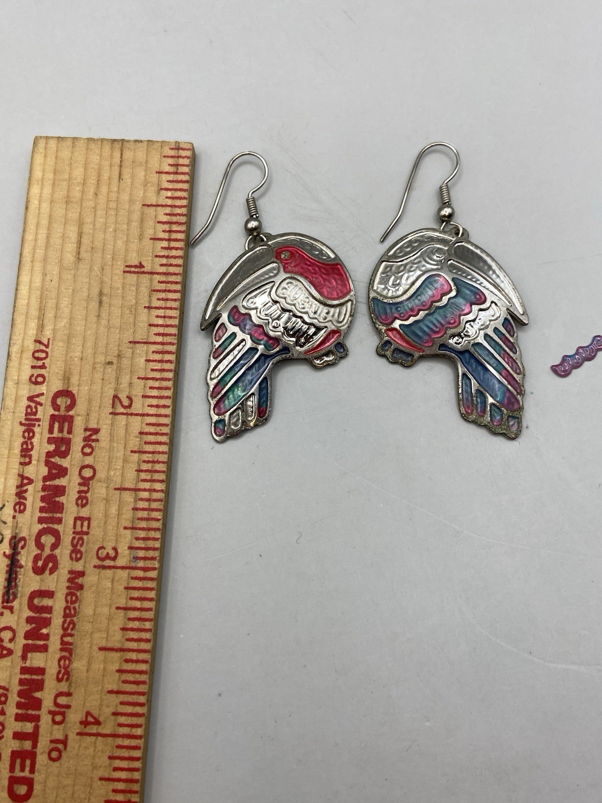 Vtg Edgar Berebi Silvertone Blue Green Enameled Toucan Dangle Pierced Earrings