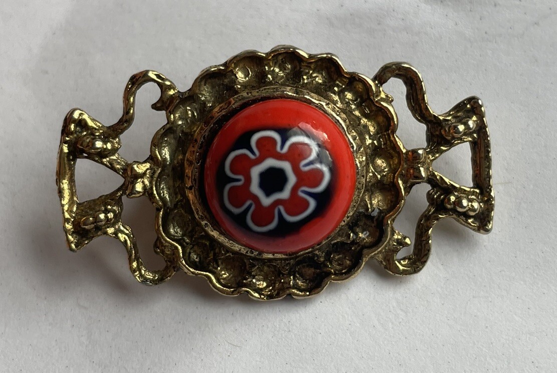 Vtg Orange Floral Millefiori Glass Bead Cabochon Brooch Pin Gold Tone Filigree