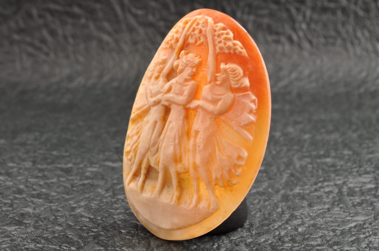 Vintage oval shell cameo, “Dancing Goddesses” (38.5ct) sign by artist with case.