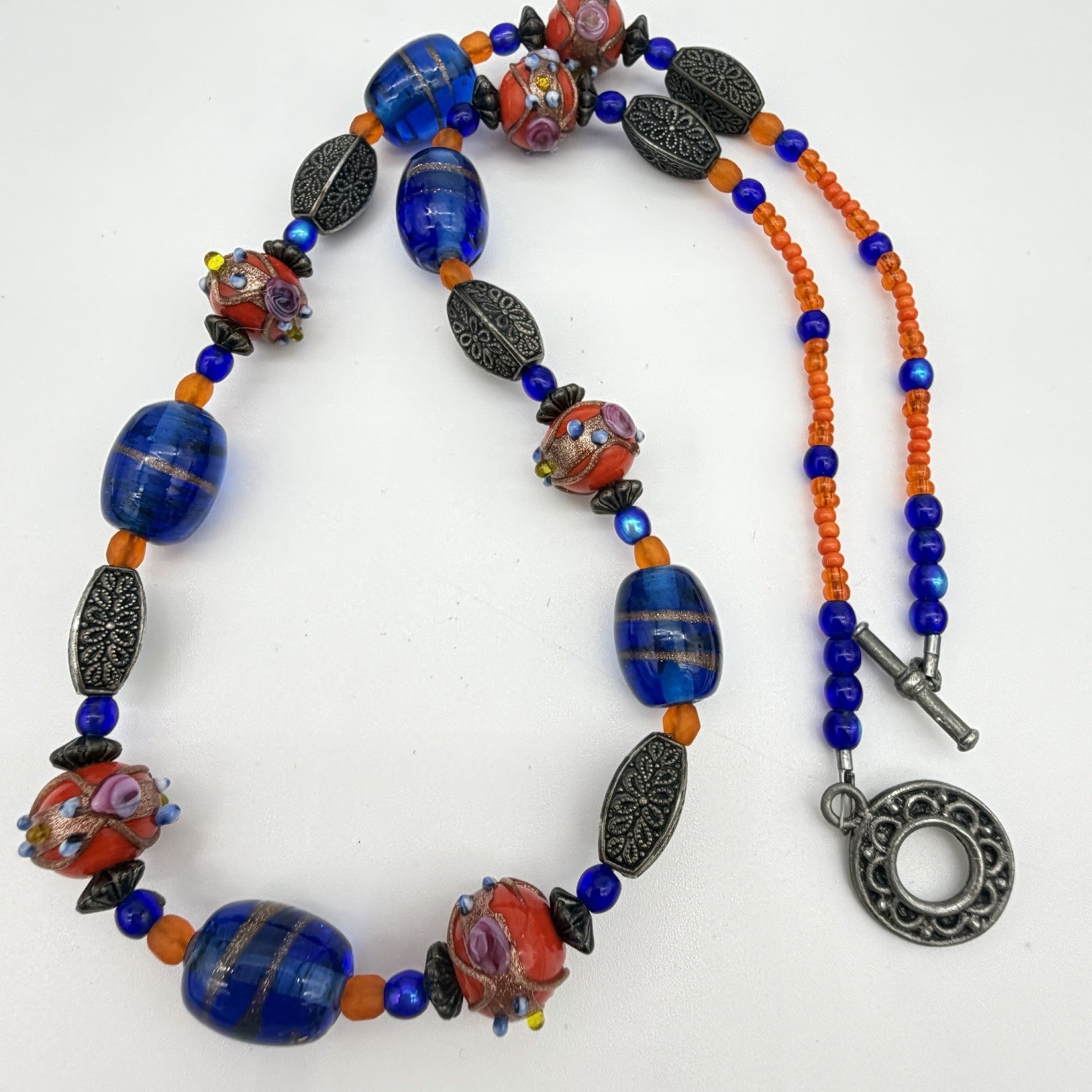 Vintage Wedding Cake Bead Necklace Lamp work Red Orange Cobalt Blue Glass