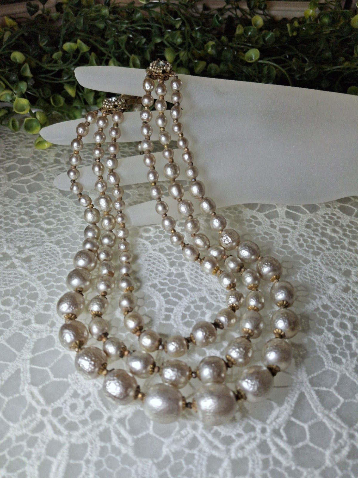 Early Signed Miriam Haskell 3 Strand Silver Niki Baroque Pearl Necklace