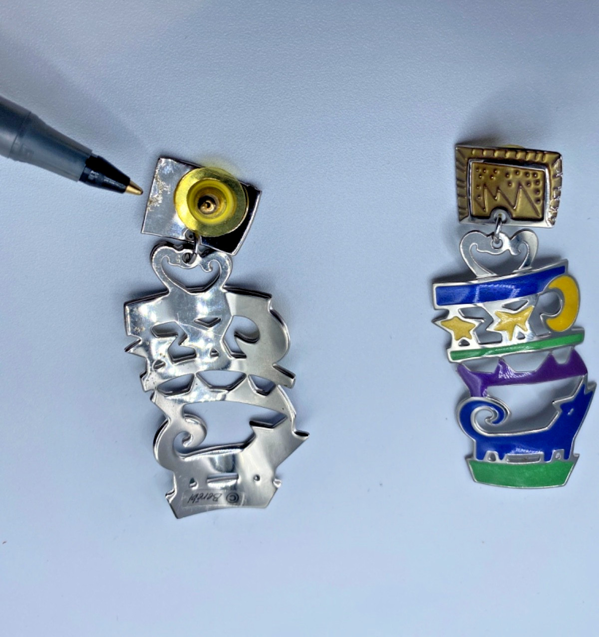 Edgar Berebi Earrings Enamel Silver Tone Metal 2.75” Long Coyote and Moon VTG