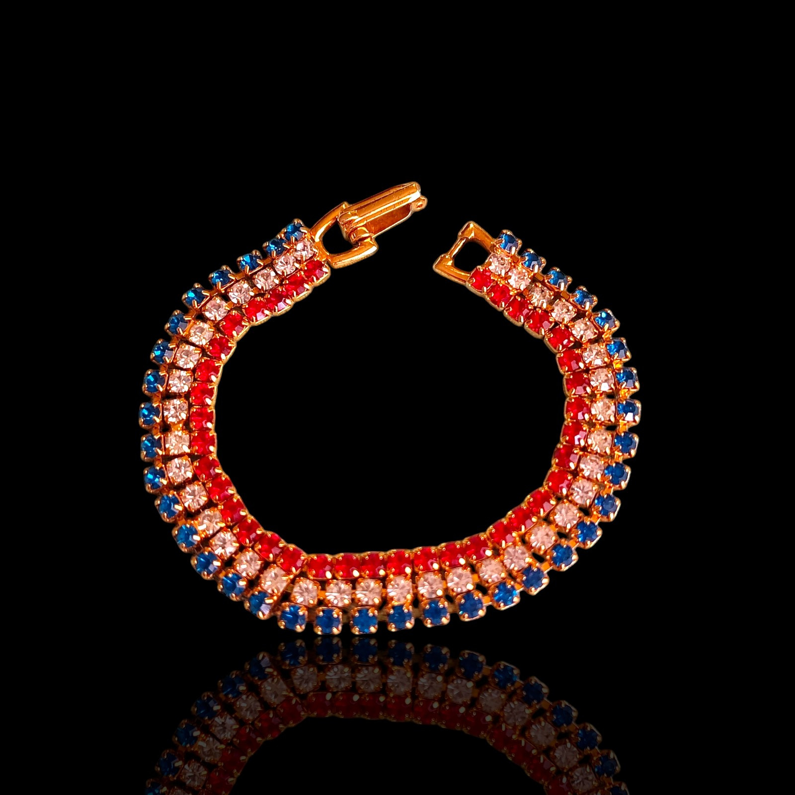 Gold Tone Red White & Blue Patriotic American Celebration Rhinestone Bracelet