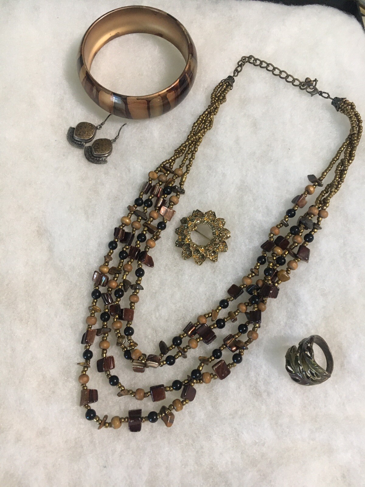 Brown/Bronze Color Set W/ Multiple Strand Necklace, .925 Earrings, See Descrip.