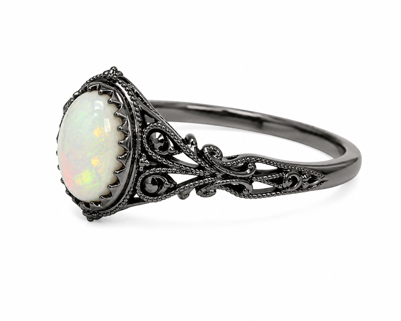 Vintage Ethiopian Opal Ring Black Rhodium 925 Sterling Silver Antique Engraved