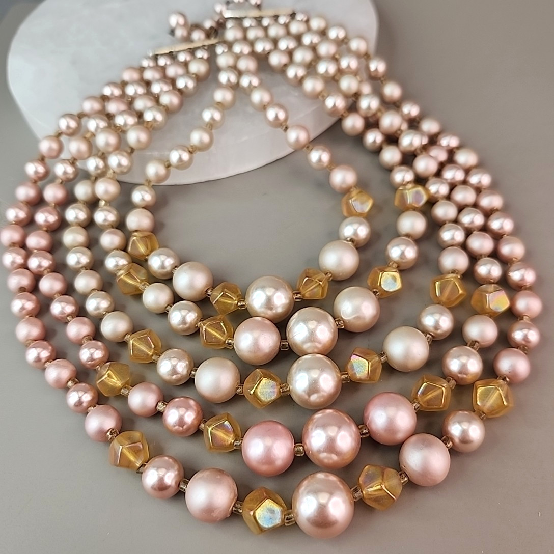 Vintage Faux Pearl Beaded Necklace Cream Pink Acrylic AB Yellow Glass Japan 16″