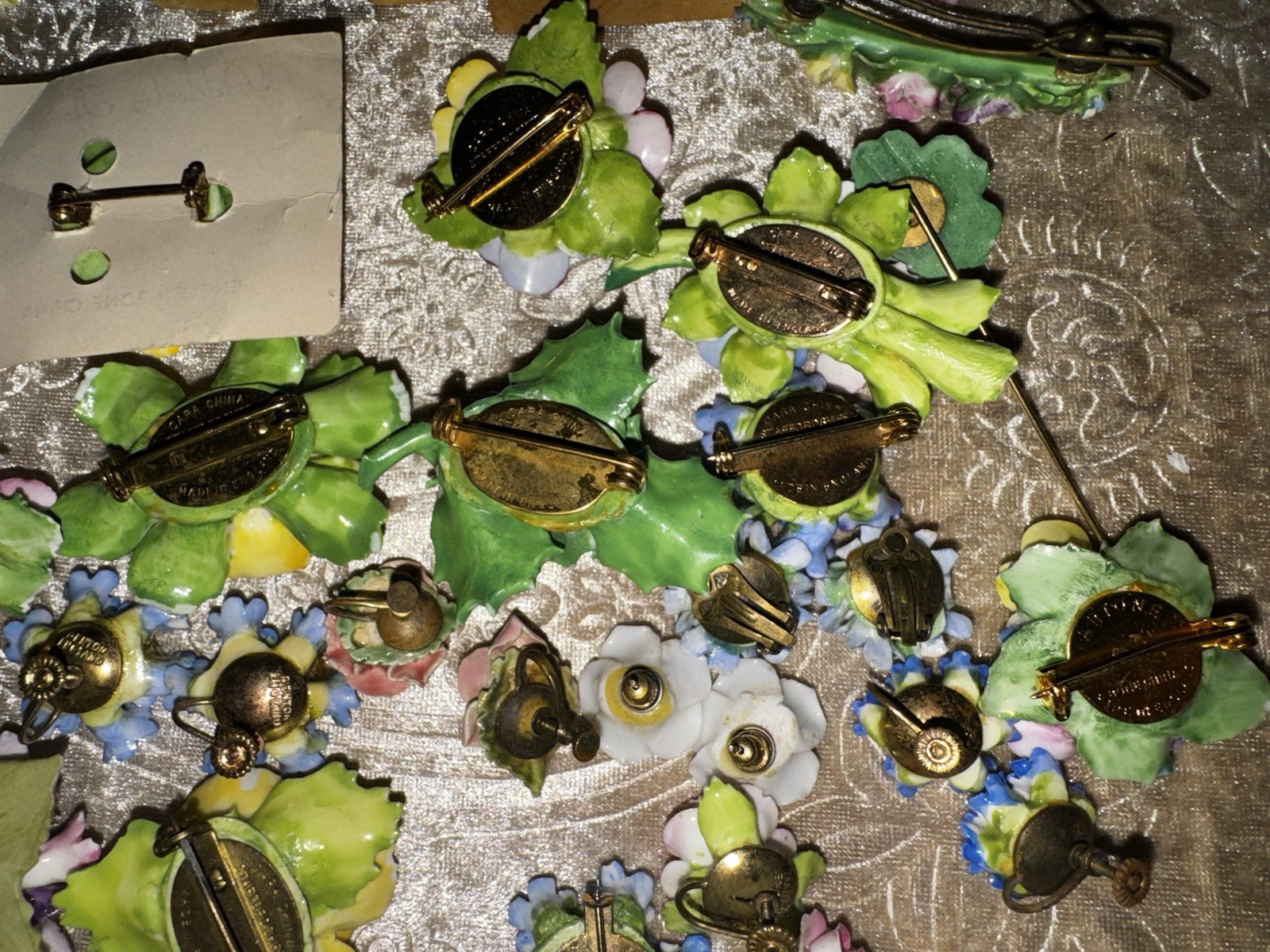 Vtg Jewelry Lot Signed English Fine Bone China Flower Art Brooch Earring Garden