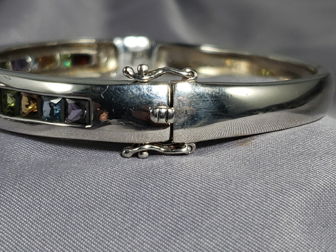 STERLING SILVER HINGED Bangle BRACELET MULTI-COLOR GEMSTONES Size 7″
