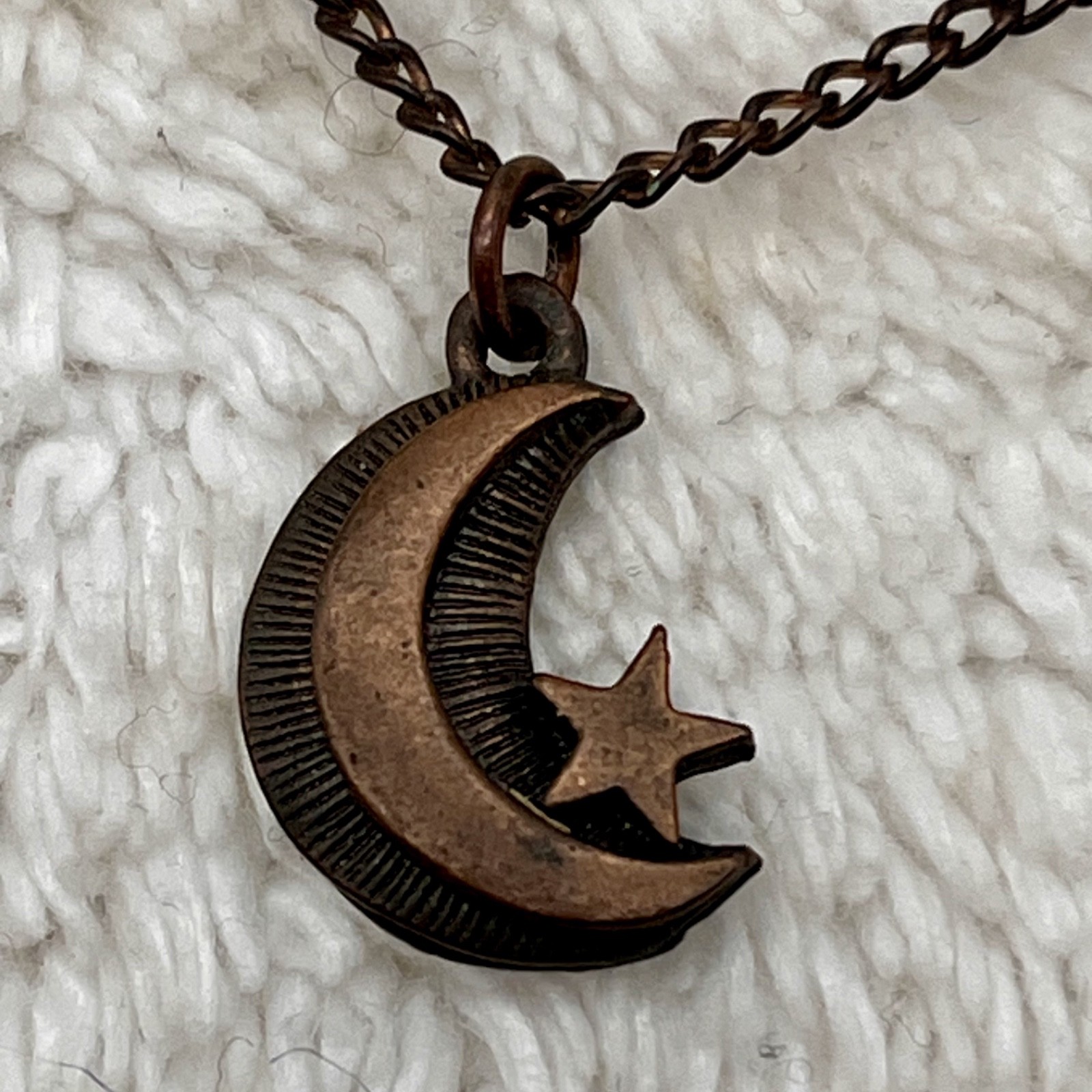 Vintage Crescent Moon Star Necklace Celestial Pendant Copper Tone 16″