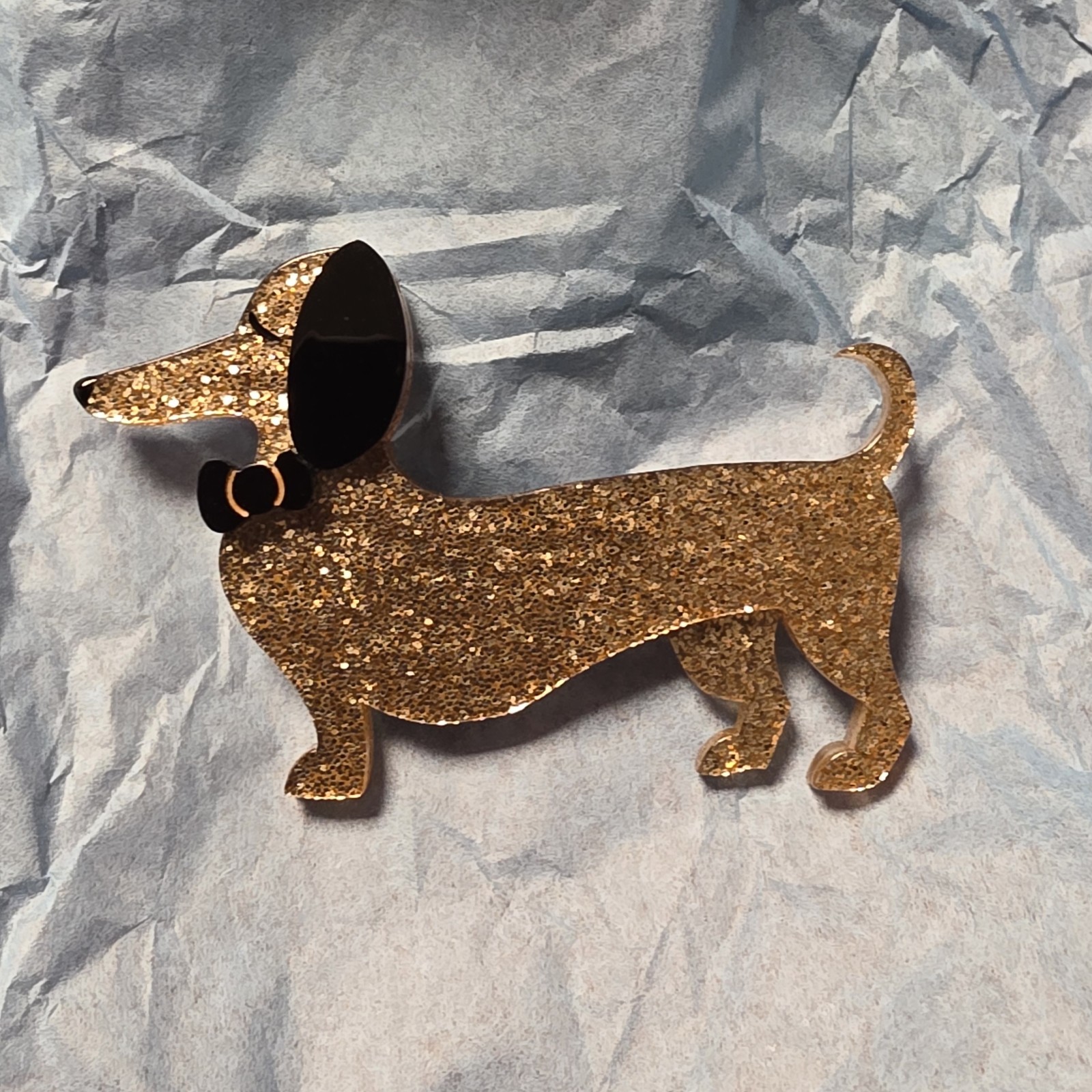Spiffy the Sausage Dog Brooch Gold Sparkle Brooch Dachshund Pin