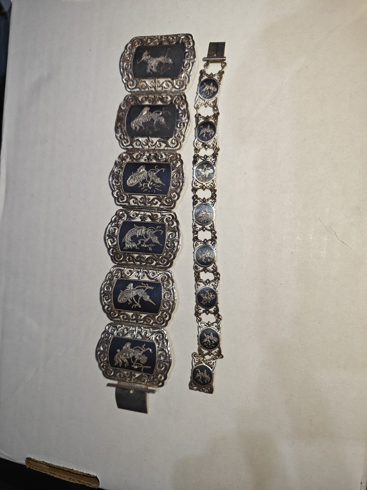 Vintage Sterling Silver Niello Black Enamel Thai Dancer Panel Bracelet lot of 2