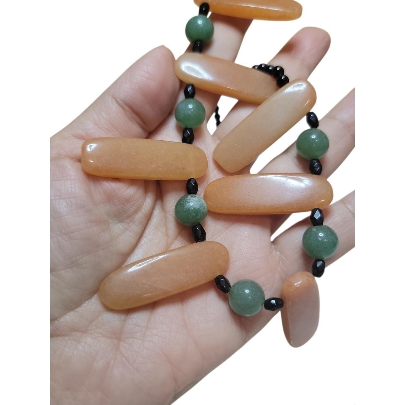 Vintage Peach Green Black Statement Necklace Bib Collar Possible Aventurine 18
