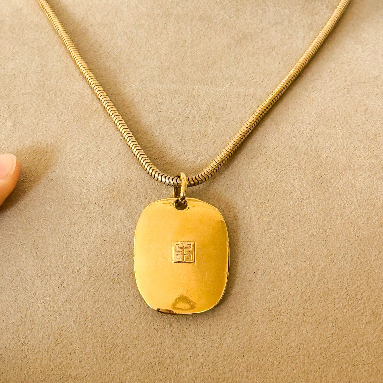 Vintage Givenchy Ave George V Paris Gold Tone Square Logo Pendant Necklace