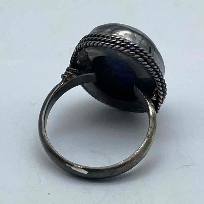 Sterling Silver 925 Oval Lapis Lazuli Cabochon Ring Rope Bezel Vintage Size 5.5