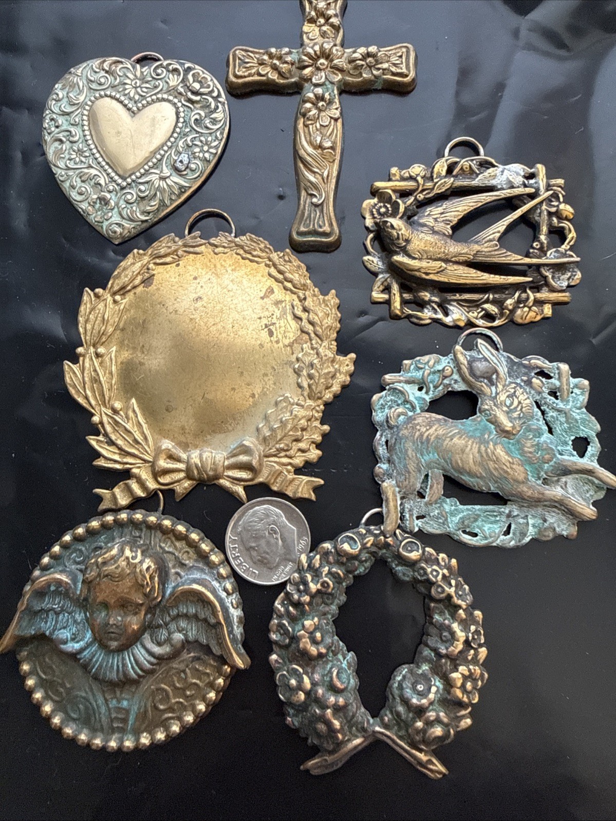 7 Vintage Brass Pendants Cross Angels Bird Rabbit Wreath Art Noueva Victorian