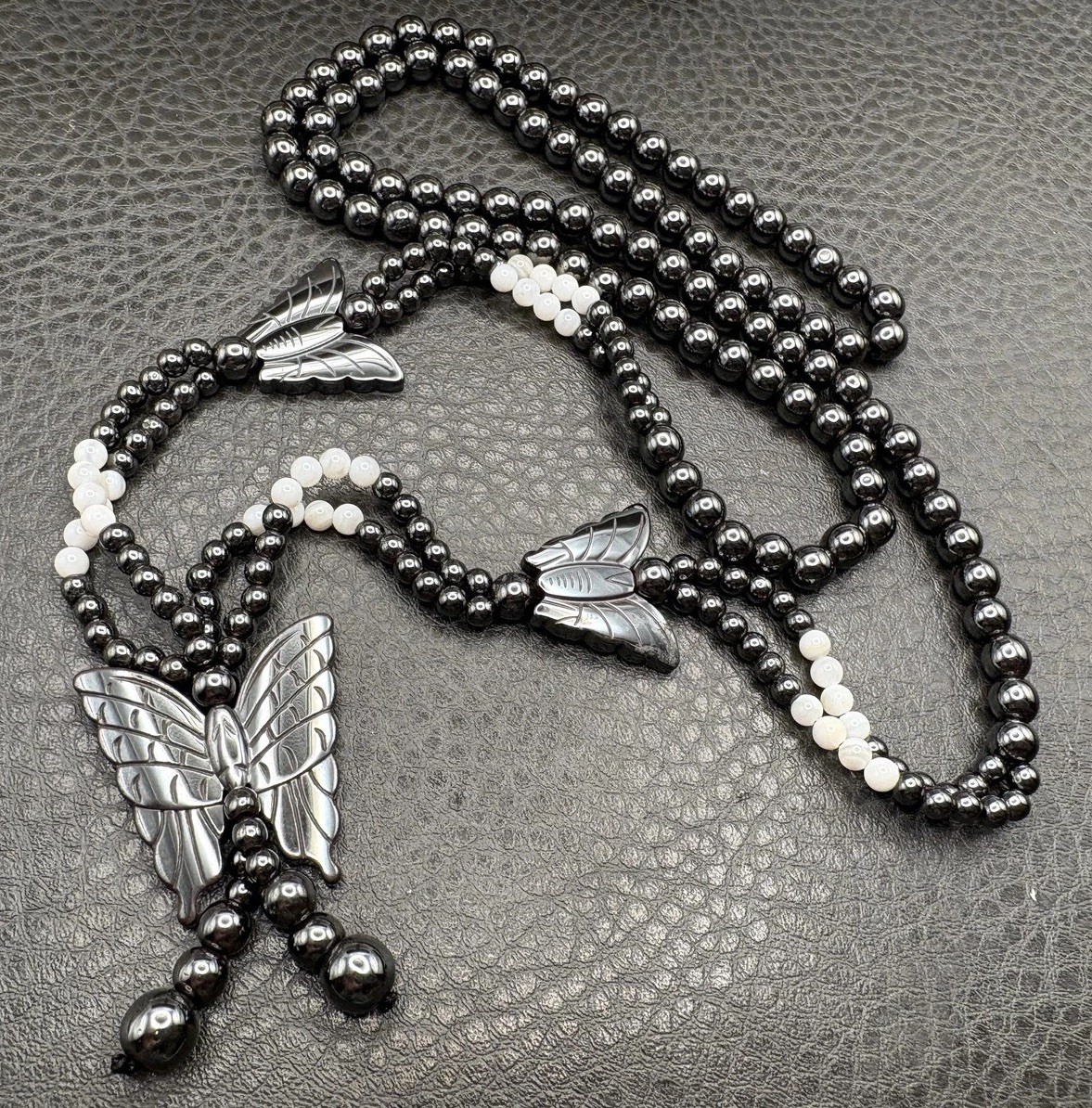 Vintage Butterfly Hematite and Mother of Pearl MOP Beaded Tassel Opera Long 32″