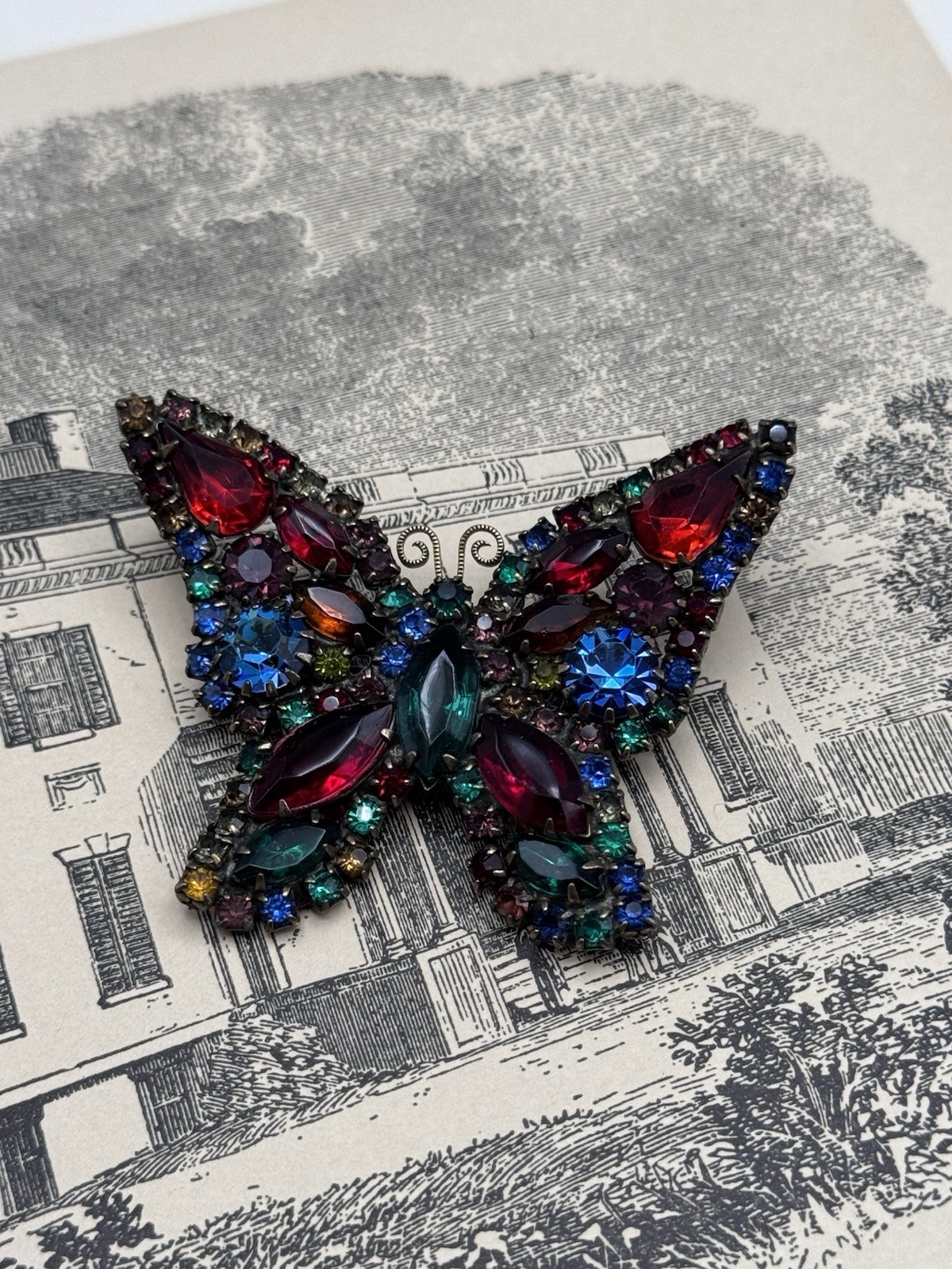Weiss Butterfly Brooch Multicolor Rhinestone Figural Pin Signed 2.5” VINTAGE