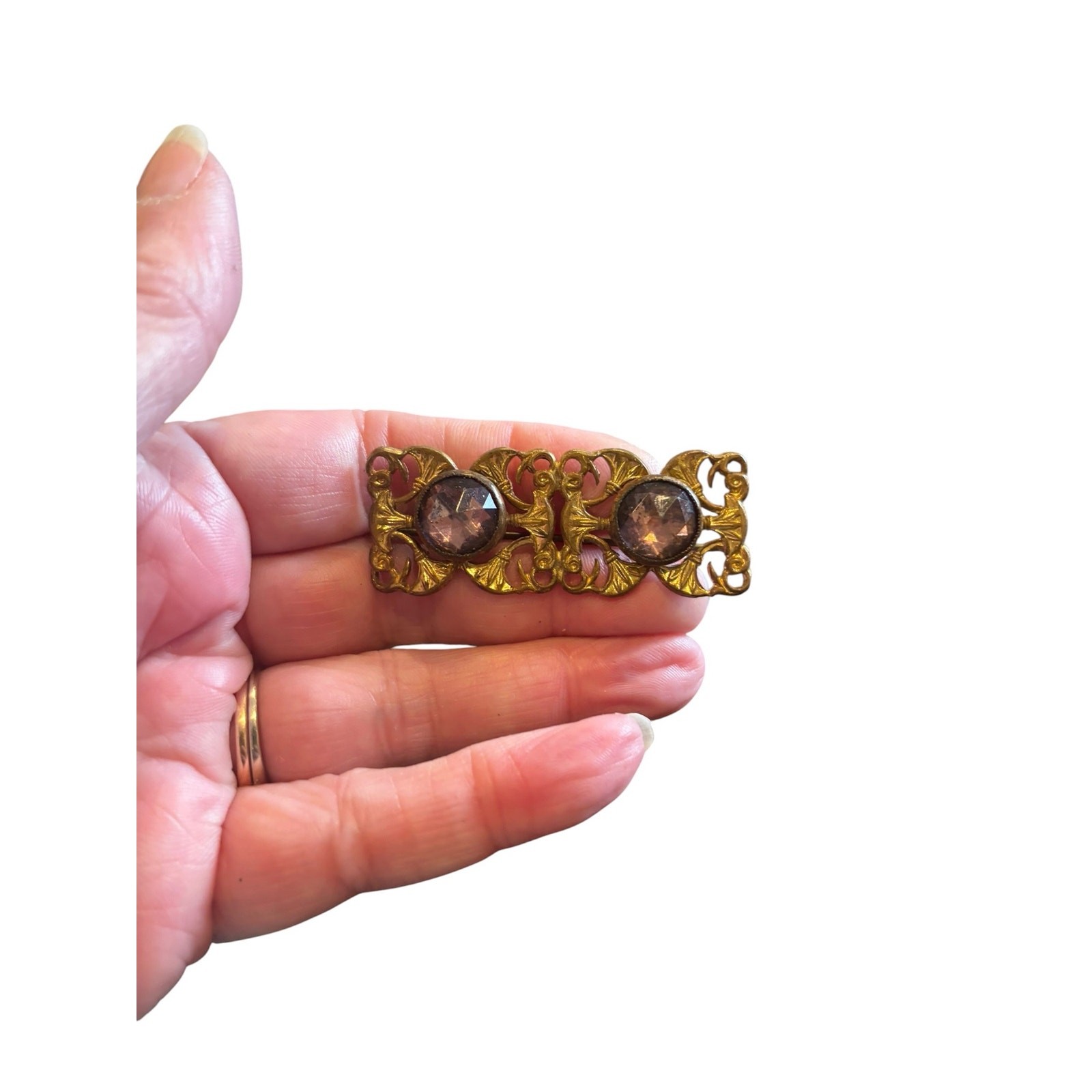Vintage Art Nouveau Revival Brass Tone Brooch Purple Glass Cabochon Pin