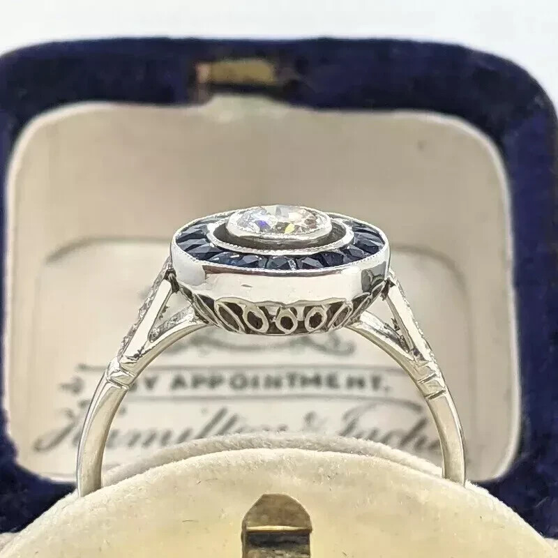 Art Deco Style Lab Created Diamond & Sapphire 14K White Gold FN Engagement Ring