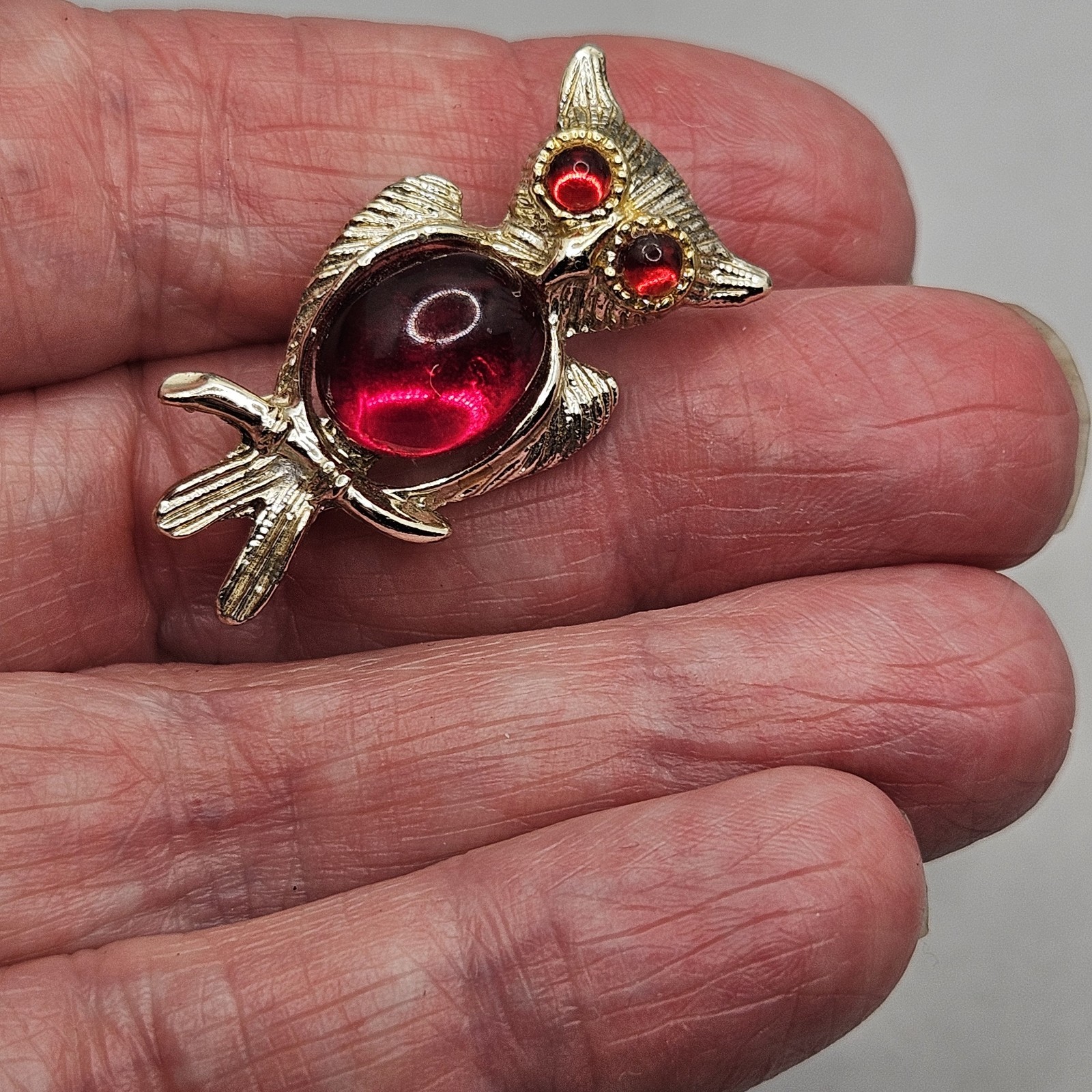 Vintage Owl Brooch Jelly Belly Red Rhinestone Eye MCM Jewelry Gold Tone Pin