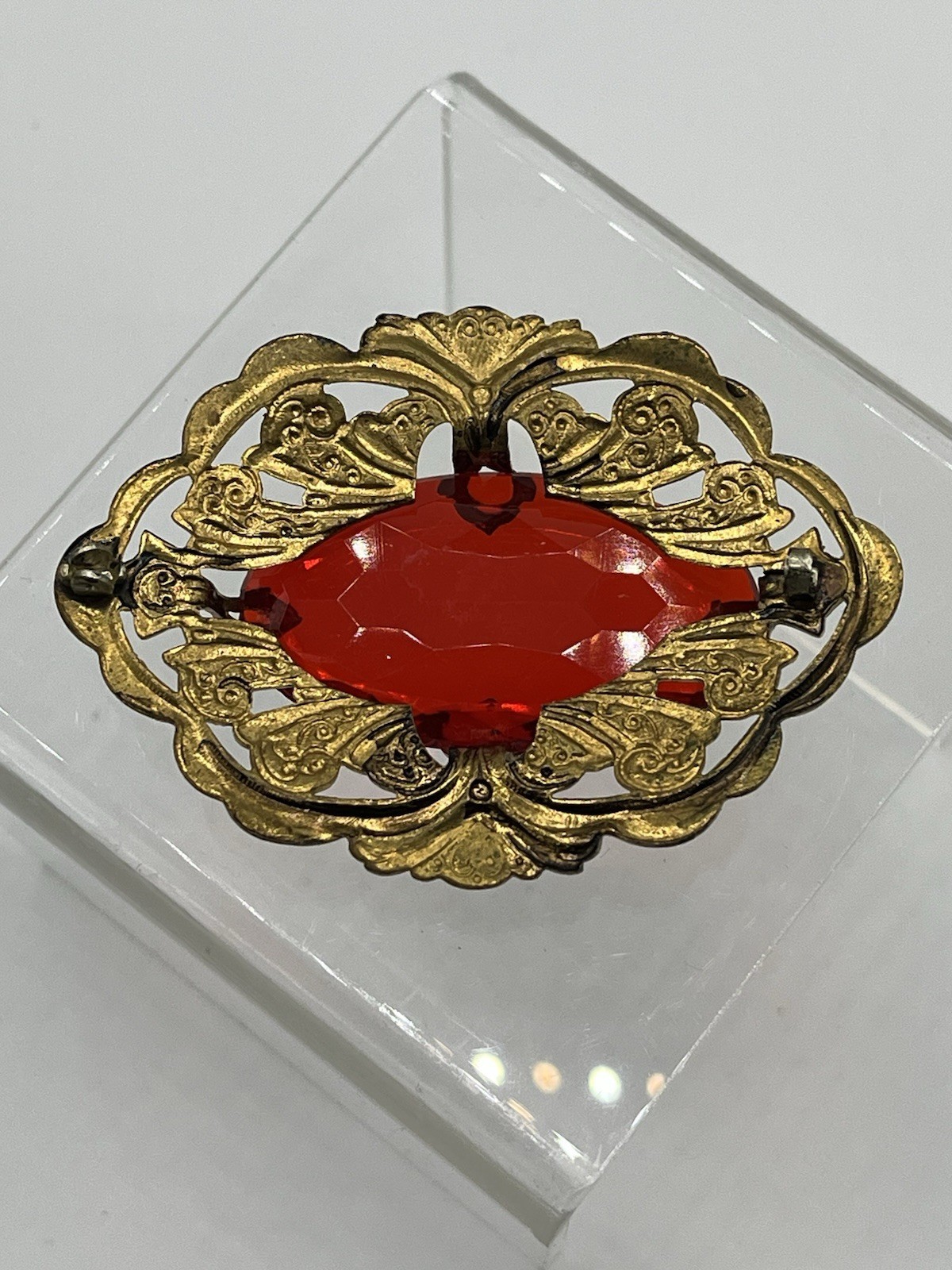 Vintage Large Red Glass Ornamental Brass Setting Brooch Missing Pin READ
