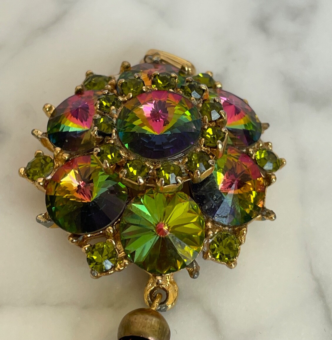 Edlee- Vintage Rhinestone Watermelon Helitrope Necklace Pendant-Signed- G79
