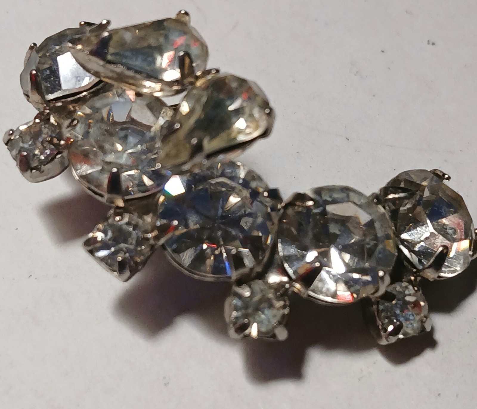 Vintage clear rhinestone crystal cluster half moon shaped brooch pin