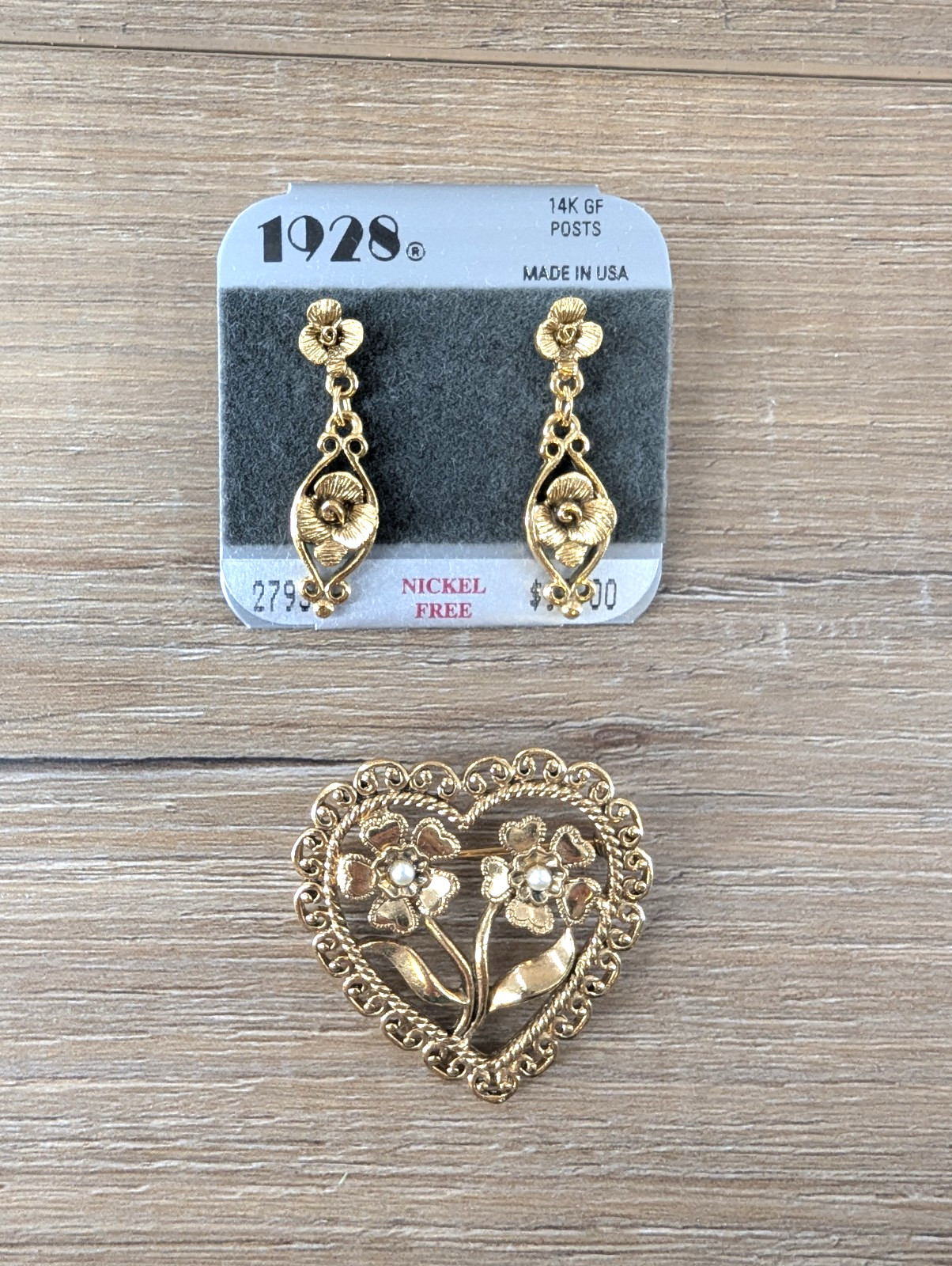 1928 floral goldtone pierced earrings nickel free and coordinating heart pin