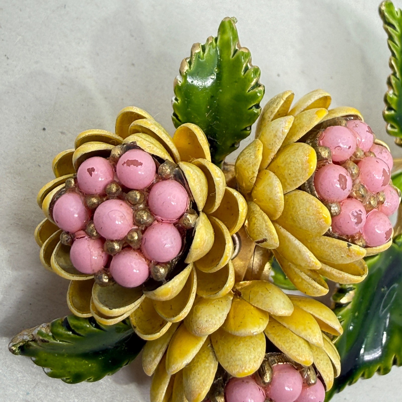 Vintage Enamel Flower Brooch Yellow Pink Green Floral Mid Century Botanical 3″