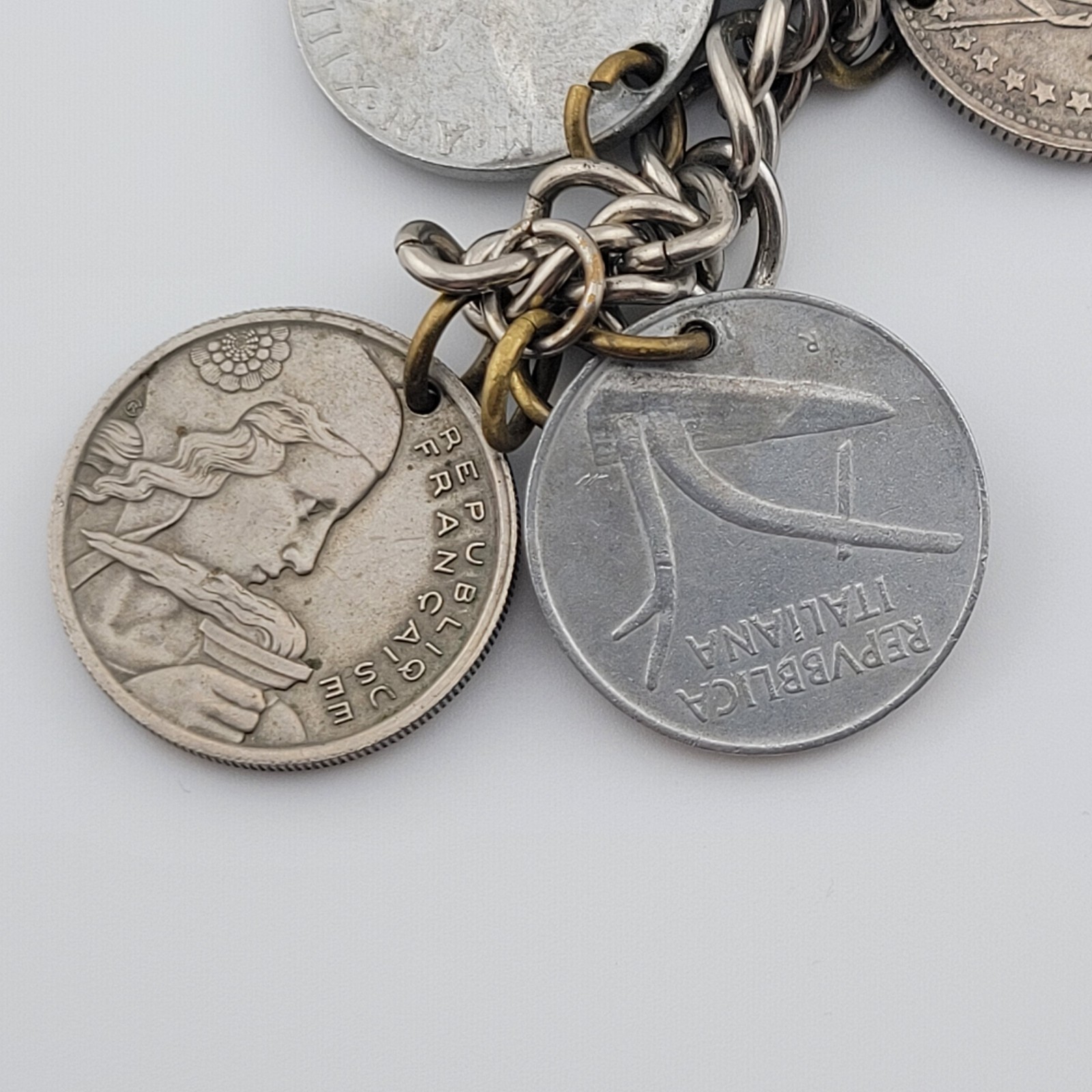 Vintage Coins From Around the World Charm Bracelet Souvenir 1924 to 1956 7.5″