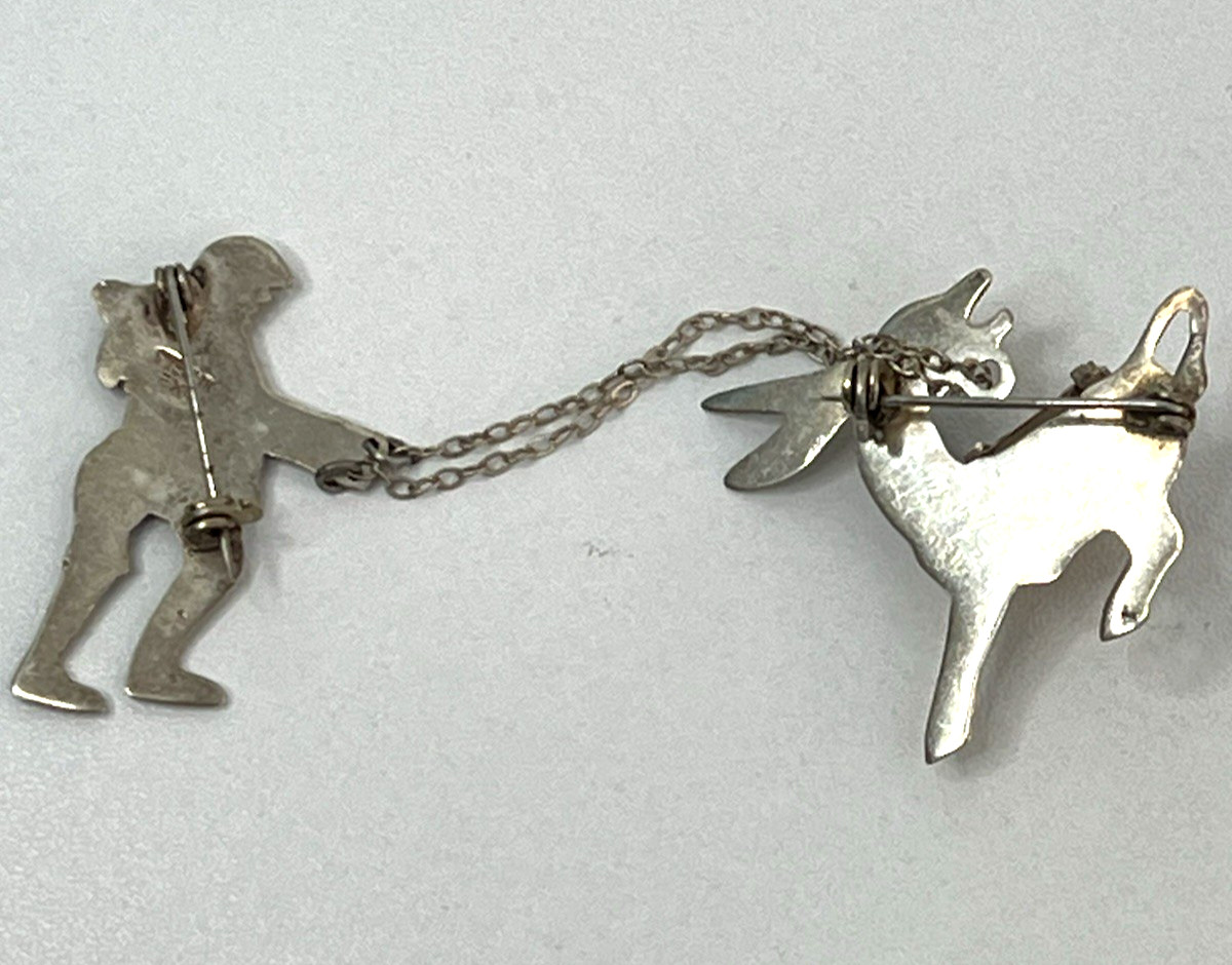 Sterling Silver Chatelaine Brooch Man Donkey Mexico 1940’s 2-Part 16grams